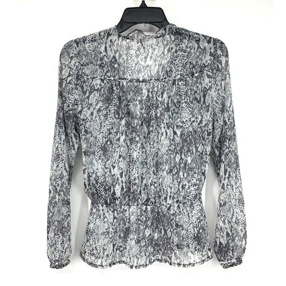 Guess Top Gray Snake Print Sheer Long Sleeve V Neck Ruffle - Picture 9 of 12